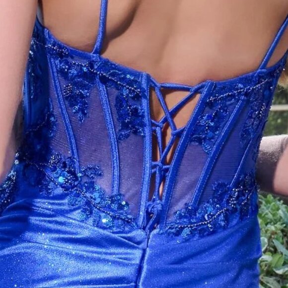 New Long Sheath Fashion Forward Prom Mesh Gown w/ Sheer Boned Bodice GL3688 - Picture 12 of 14